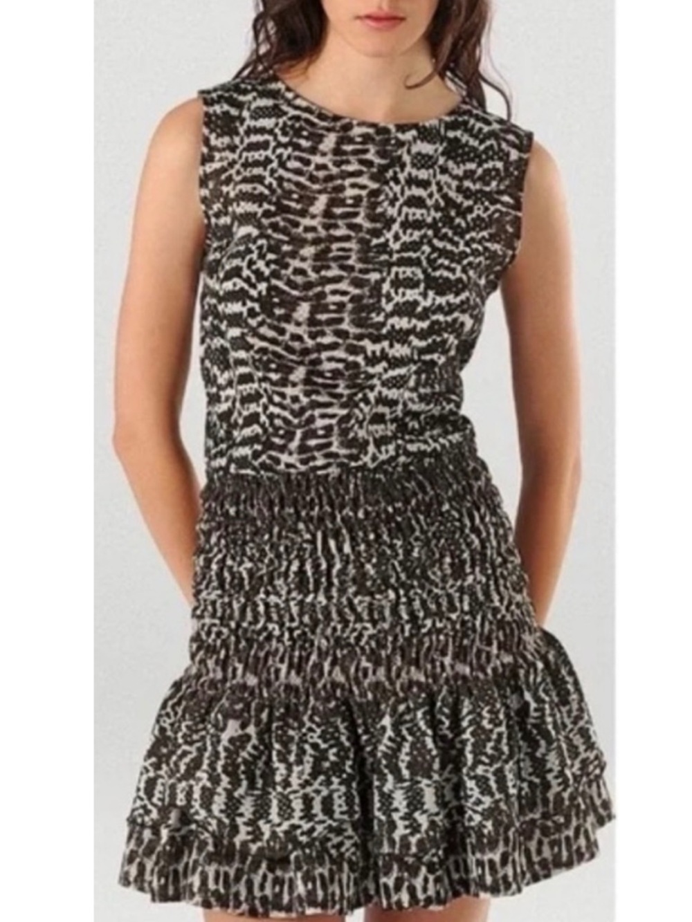 MAJE Dress Azalea Python Snake Print Smocked Tiered Ruffle Mini Black Large